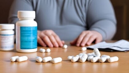 Semaglutide Weight Loss Drugs. Weight Loss Medication and Obesity Concept. Table with anti-obesity pills with the blurred figure of an overweight person in the background.