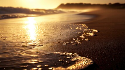 Glowing sunset on a beach with waves and sand texture