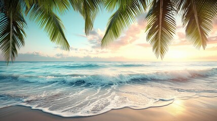 Fototapeta na wymiar Tropical beach sunset with palm trees