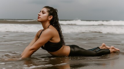 Fototapeta na wymiar Woman relaxing on a beach in yoga attire