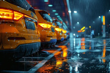 A line of gleaming yellow cars sit parked in a wet parking lot, their vibrant hues reflecting the...