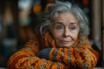 A vibrant woman, adorned in an orange scarf and sweater, stands confidently on the bustling city street, her wrinkled face telling stories of a life well-lived - obrazy, fototapety, plakaty