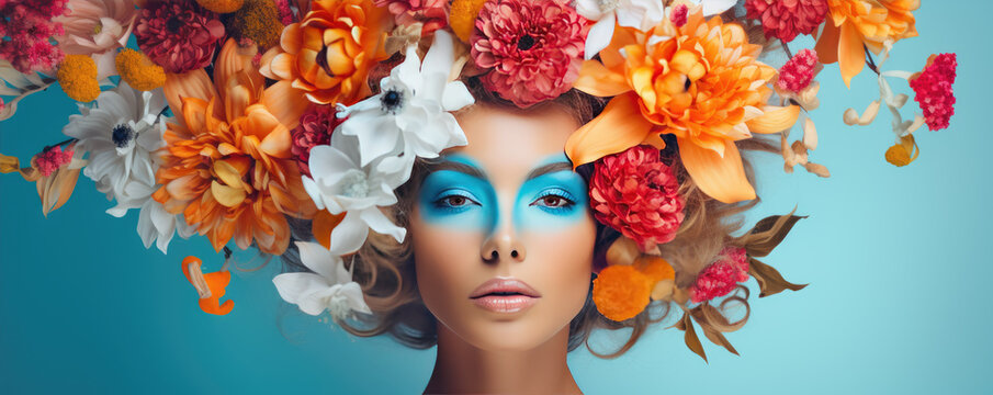 woman portrait with colorful flowers over her head. Bright summer autumn colors. Surreal fashion syle concept.