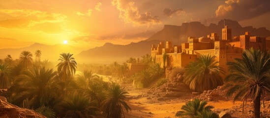Picturesque desert landscape with palm trees and an ancient castle ruins under a clear blue sky - obrazy, fototapety, plakaty
