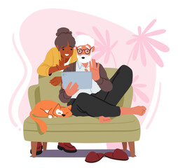 Elderly Couple Connect With Family Through A Tablet, Sharing Smiles And Stories, Bridging Distances With Video Calls