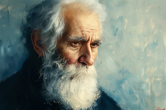 A captivating portrait of a wise man with a white beard, his human face adorned with intricate wrinkles and a distinguished moustache, captured in a stunning painting