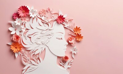 Face and flowers style paper cut with copy space for international women's day