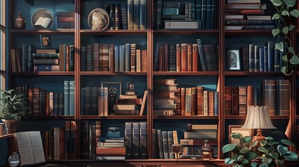 A collection of books and decorative elements neatly arranged on shelves in a home library.