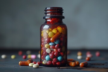 A colorful mix of medicine and treats, nestled in a mason jar, represents the bittersweet reality of our modern world - obrazy, fototapety, plakaty