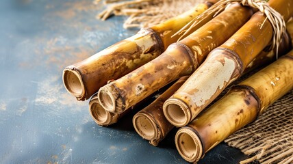 Sugarcanes bundled together, detailed texture, blue background