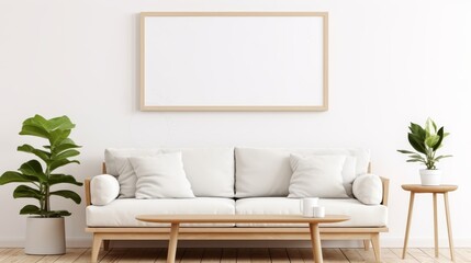 Large white empty picture or photography frame mockup on the white wall with sofa and other furniture decor. Empty space, sun shadows. Scandinavian style interior design. Generative ai