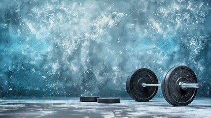 Barbell on icy gym floor, cool tones