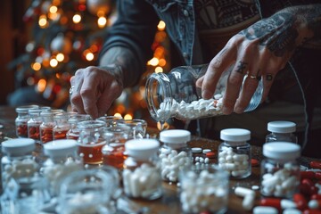 A person carefully arranges a jar filled with pills on a table adorned with festive tableware,...