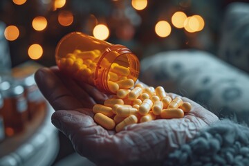 A person's hand reaches for a bottle of pills, representing the struggle between nourishing oneself with food or numbing the pain with unhealthy snacks like hotdogs, under the glaring light of societ - obrazy, fototapety, plakaty