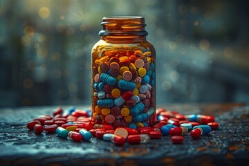 An assortment of colorful pills and capsules fill a mason jar, resembling a tempting jar of candy, ready to soothe and nourish from the comfort of indoors - obrazy, fototapety, plakaty