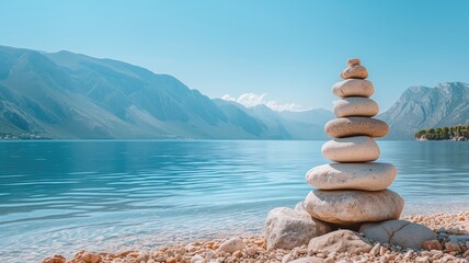 Fototapeta na wymiar Zen stones stacked by a calm blue lake
