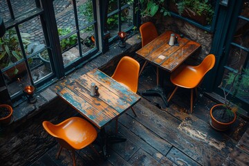 A tranquil indoor sitting area with a wooden coffee table and chairs, adorned with a potted plant, sits by the window, inviting guests to relax and enjoy the natural light and orange accents while gr - obrazy, fototapety, plakaty