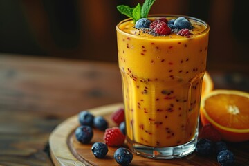 A vibrant blend of citrus and berries, this nonalcoholic smoothie sits on the table, radiating health and refreshment with its juicy strawberries and sunny orange tones - obrazy, fototapety, plakaty