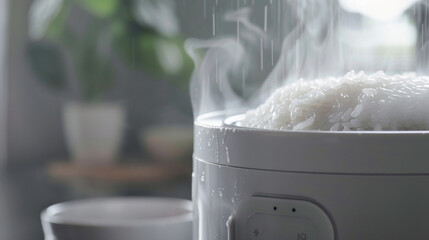 The condensation collector of a rice cooker catching excess moisture from the cooking process. - obrazy, fototapety, plakaty