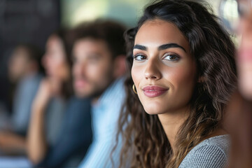 Young Hispanic man listening to presentation in office group meeting