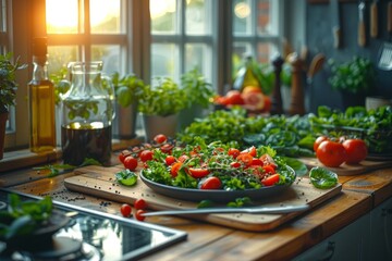 Amidst the warm glow of a kitchen window, a vibrant array of fresh produce, including plump cherry and plum tomatoes, is artfully displayed on a rustic table, inviting us to savor the natural and nou - obrazy, fototapety, plakaty