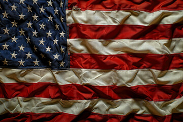 A wrinkled and slightly tattered american flag in the wind, generative ai