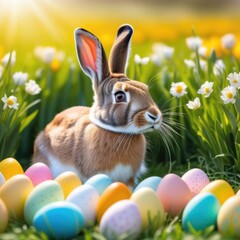 Holiday celebration banner with cute Easter bunny with decorated eggs and spring flowers on green spring meadow. Rabbit in landscape. Happy Easter greeting card, banner, festive background.Copy space