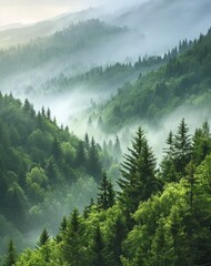 Misty fir forest landscape
