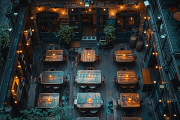 A bustling city street comes to life at night as a building's patio glows with warm light, inviting...