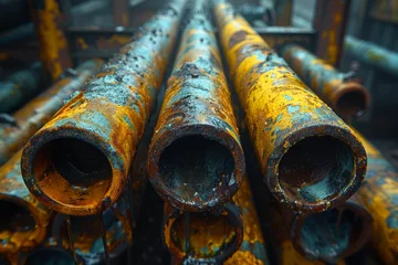 Fototapeten An abandoned factory reveals a decaying landscape of corroded pipes, symbolizing the fading industry of a bygone era © familymedia