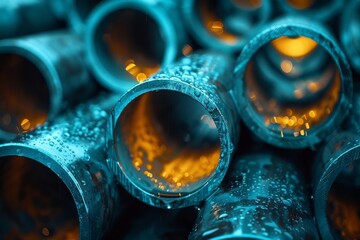 Vibrant blue pipes adorned with sparkling droplets create an abstract masterpiece that embodies the fluidity and beauty of water - obrazy, fototapety, plakaty