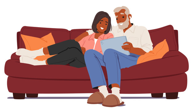 Elderly Couple Characters Immersed In Movie on Cozy Sofa, Joyfully Watching On Tablet, Embracing Modern Technology
