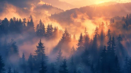 Poster Misty fir forest landscape © toomi123
