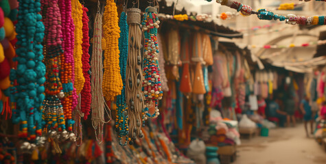 Colorful bead necklaces hanging in a market stall - obrazy, fototapety, plakaty