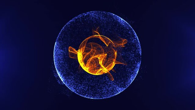 Emergence of a double abstract energy ball or energy sphere moving dynamically. Gold on the inside and blue on the outside.. 3D rendering.  