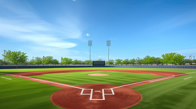 Vibrant baseball field under a blue sky