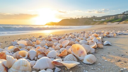 Fototapeta na wymiar Seashells scattered on beach at sunset