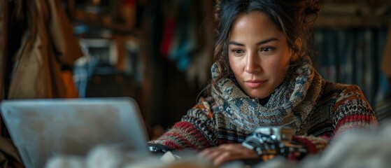 Hispanic woman with a prosthetic arm works on a laptop
