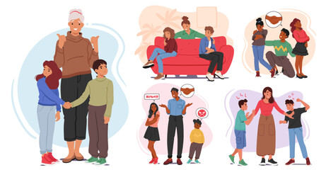 Set of Parents Mediate Between Squabbling Siblings, Urging Empathy And Sharing, Fostering Understanding And Compromise