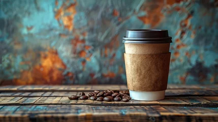Foto op Aluminium Paper cup of coffee with smoke and coffee beans on old wooden background © Vasiliy