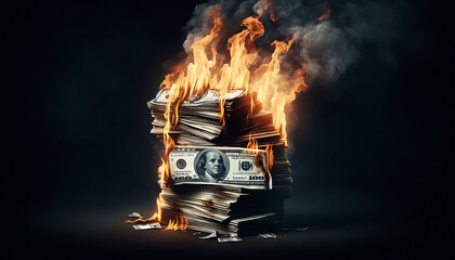 Pile of Hundred Dollar Bills Engulfed in Flames on a Dark Background