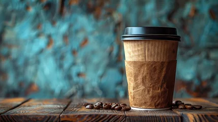 Foto op Canvas Paper cup of coffee with smoke and coffee beans on old wooden background © Vasiliy
