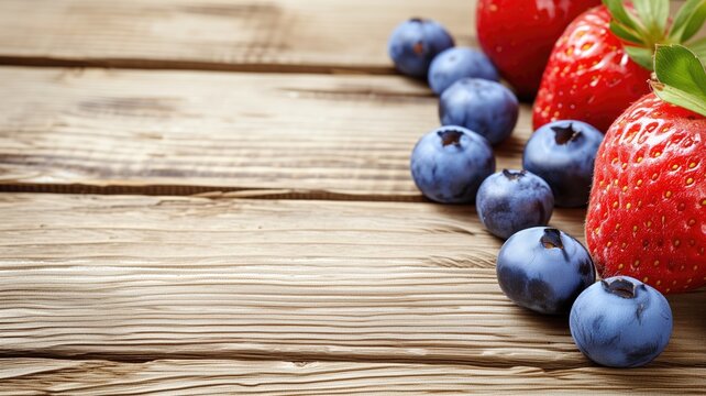 Fresh strawberries and blueberries on wooden surface