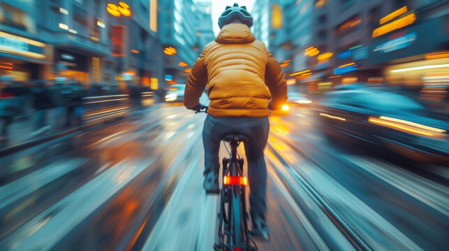 Closeup of a cyclist speeding through the city leaving a trail of blurred movement behind.