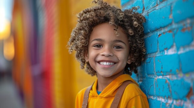 Young boy, of African descent, enthusiastically paints a colorful mural on a wall