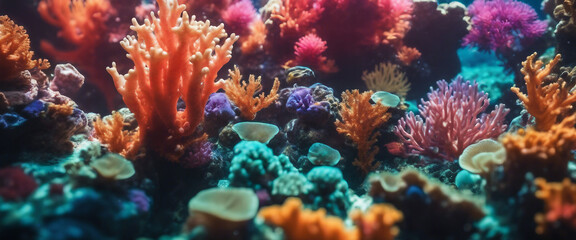 Fototapeta na wymiar A vibrant coral reef under the clear ocean, the water capturing the sunlight and creating a kaleidos
