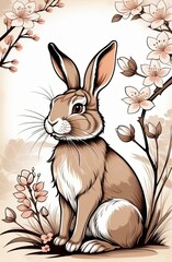 The Easter bunny surrounded by the first flowers. Illustration by Generative AI.