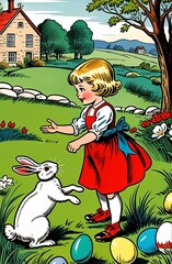 A vintage-style illustration, a girl is playing with Easter bunnies on a background of nature. Postcard concept. Illustration by Generative AI.