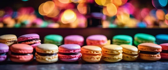 Poster Brightly Colored Macarons in a Shadowy Display, the colors standing out in the dim light © vanAmsen