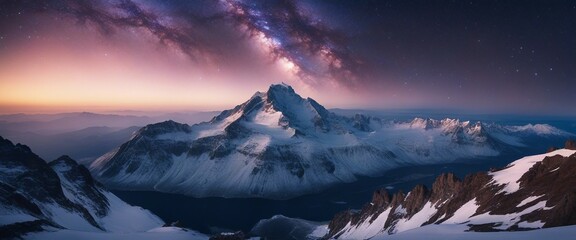 Celestial Mountain Summit, where the milky way arches over snow-capped peaks, merging earth